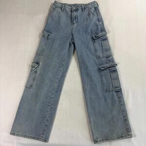 Shein Teen Girls 14Y Wide Leg Denim Cargo Jeans Light Wash Multi Pocket Y2K Styl